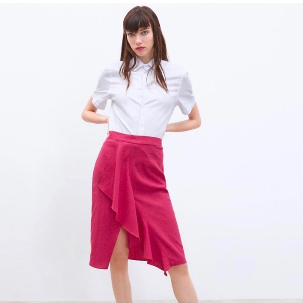 J16 Zara Fuchsia Pink Linen Blend Ruffle Midi Skirt High Waisted Side Zip Small